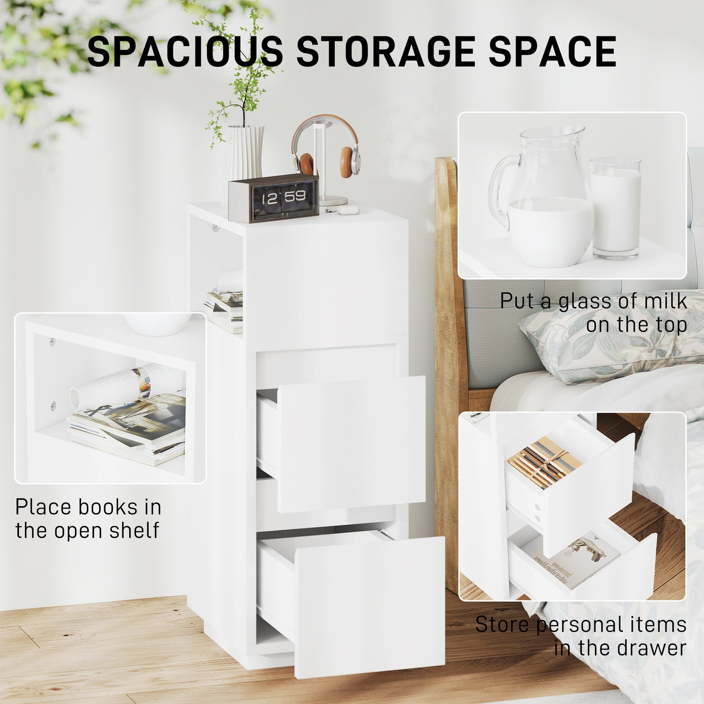 Slim Bedside Table, Narrow Bedside Cabinet with Open Shelf and 2 Drawers for Bedroom, Living Room, White