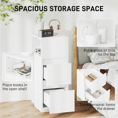 Slim Bedside Table, Narrow Bedside Cabinet with Open Shelf and 2 Drawers for Bedroom, Living Room, White