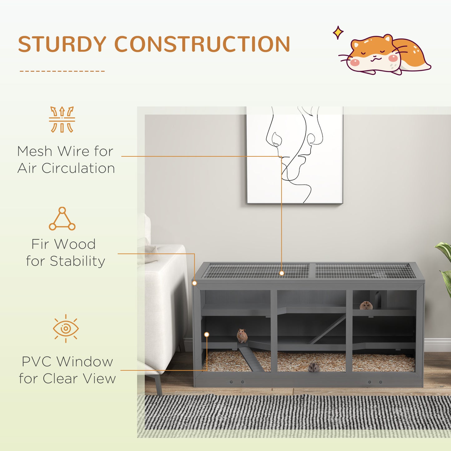 Wooden Hamster Cage, Small Animals Hutch with Tray, Openable Top, Exercise Play House Pen, 115L x 57W x 55Hcm, Grey