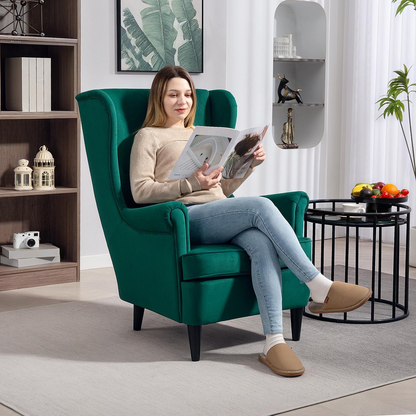 Modern Accent Chair with High Backrest and Pillow, Velvet-Feel Fabric Reading Chair with Solid Wood Legs, Green