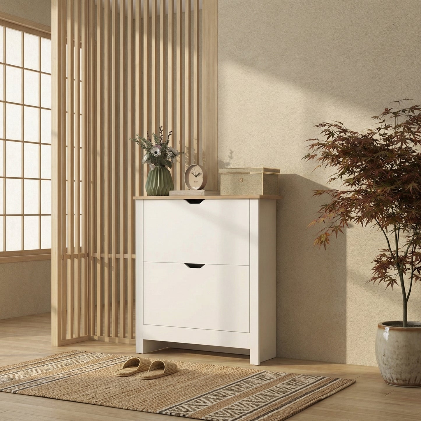Slim Shoe Cabinet, Narrow Shoe Cupboard with 2 Flip Drawers, Adjustable Shelves for 12 Pairs of Shoes, High Gloss White