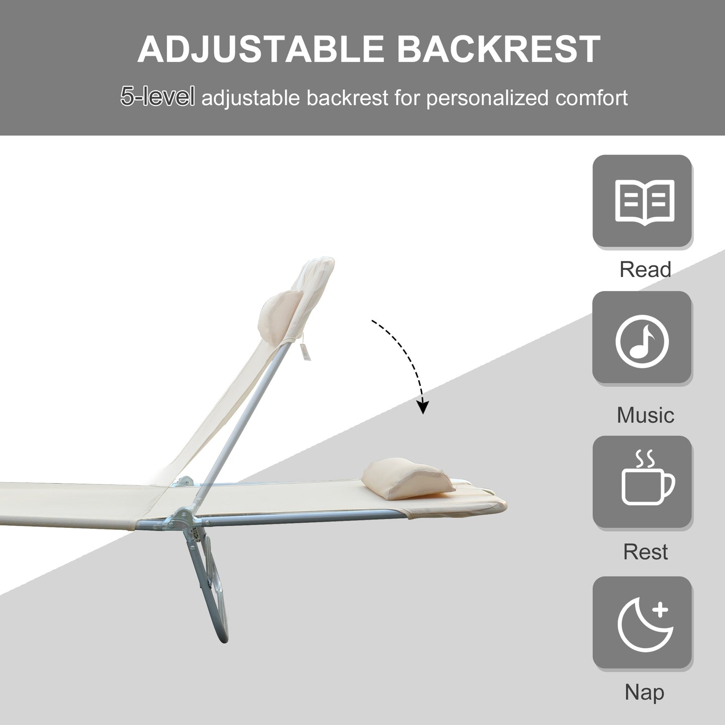 Folding Sun Lounger, Texteline Reclining Sun Bed with 5 Position Adjustable Backrest, Headrest, Beige