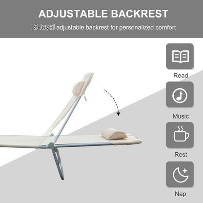 Folding Sun Lounger, Texteline Reclining Sun Bed with 5 Position Adjustable Backrest, Headrest, Beige