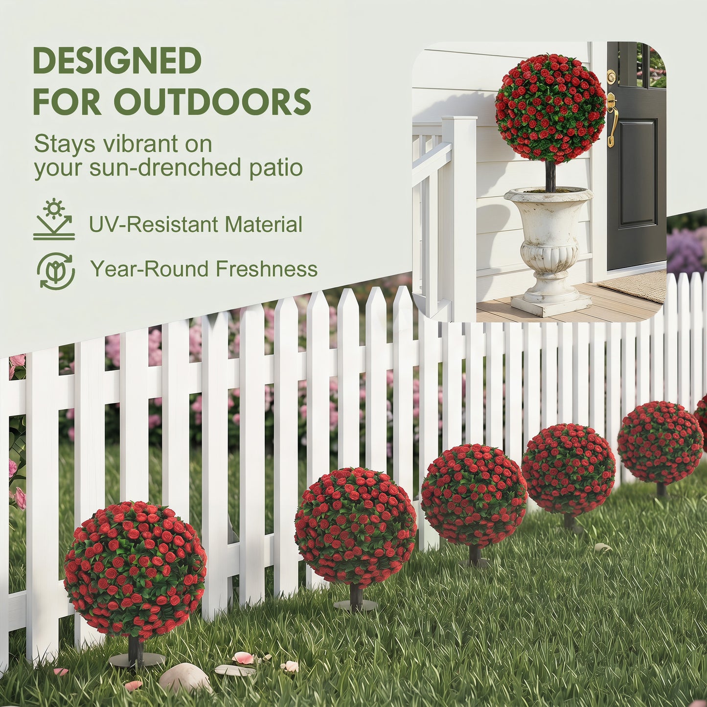 Artificial Rose Topiary UV Resistant, 2-Pack Fake Plants, 55 cm, Red