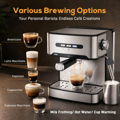 Espresso Machine, 20-Bar Semi Automatic Cappuccino Coffee Maker with Frother Wand, 1.6 L Water Tank, Black and Silver