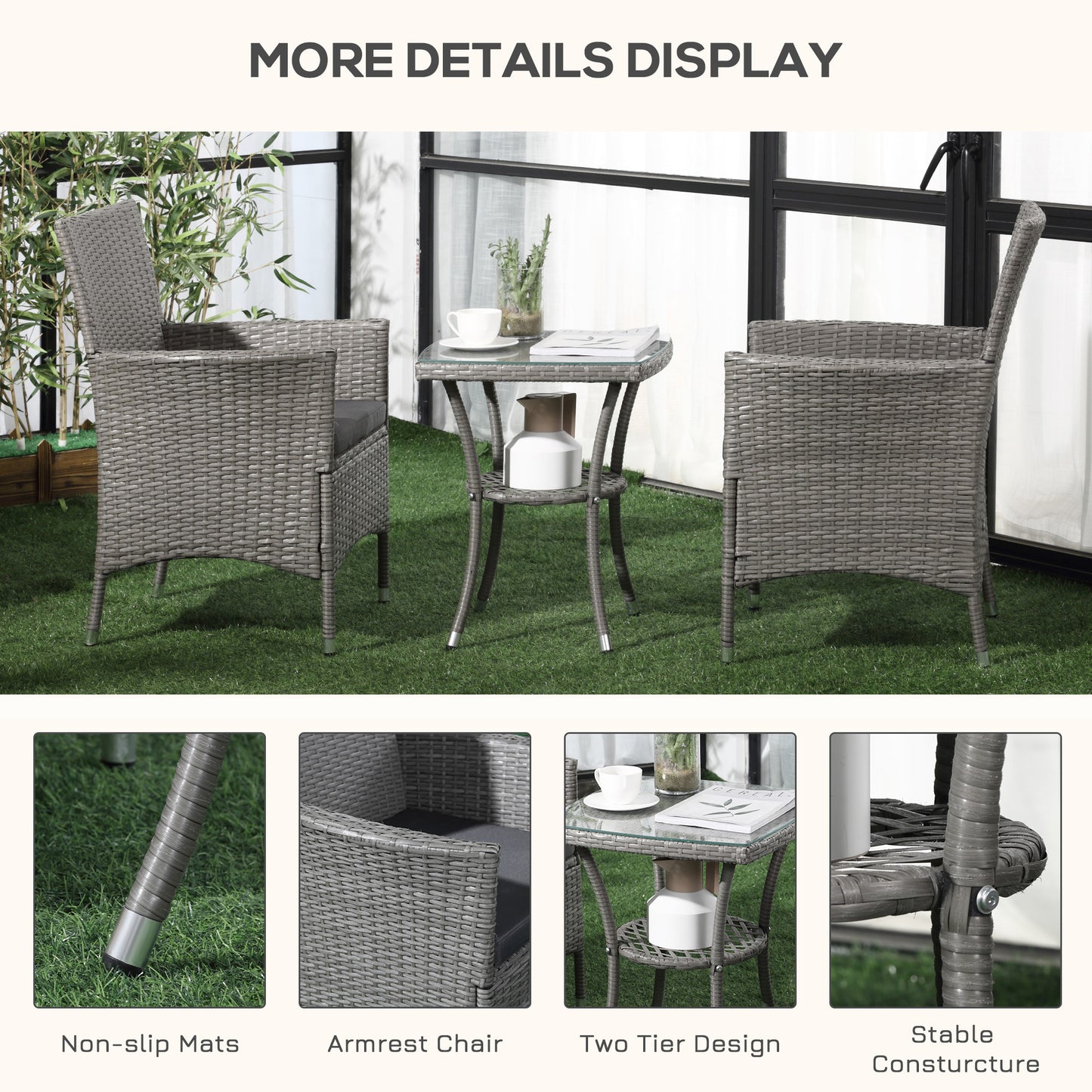 3 Pieces Rattan Bistro Set, Wicker Garden Furniture Set with 2-Tier Coffee Table and Chairs, Washable Cushions
