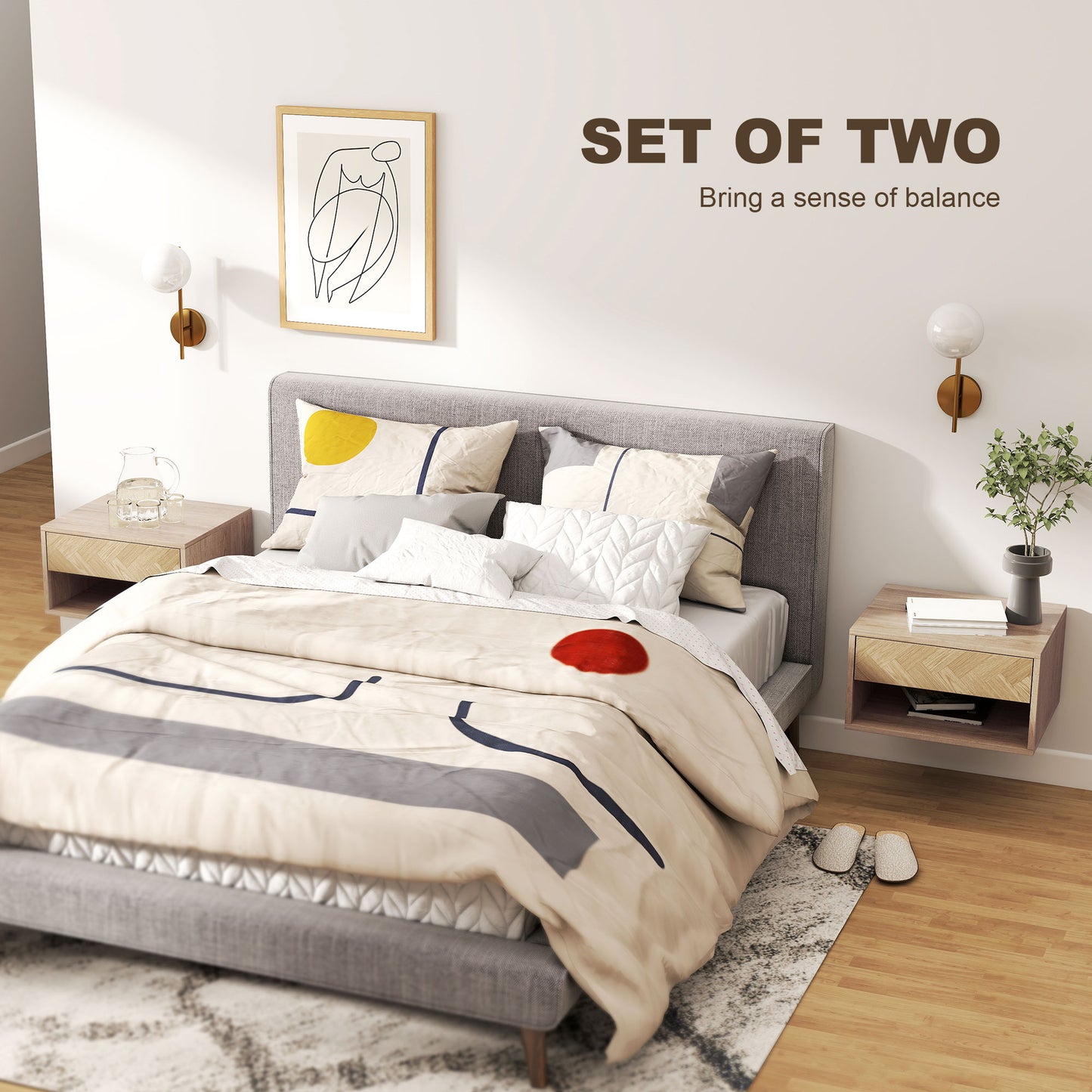 Set of Two Floating Bedside Tables - Natural Wood Finish