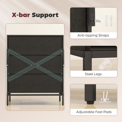 Chest of Drawers, Dresser with 3 Fabric Drawers and Aluminium Handles - Black