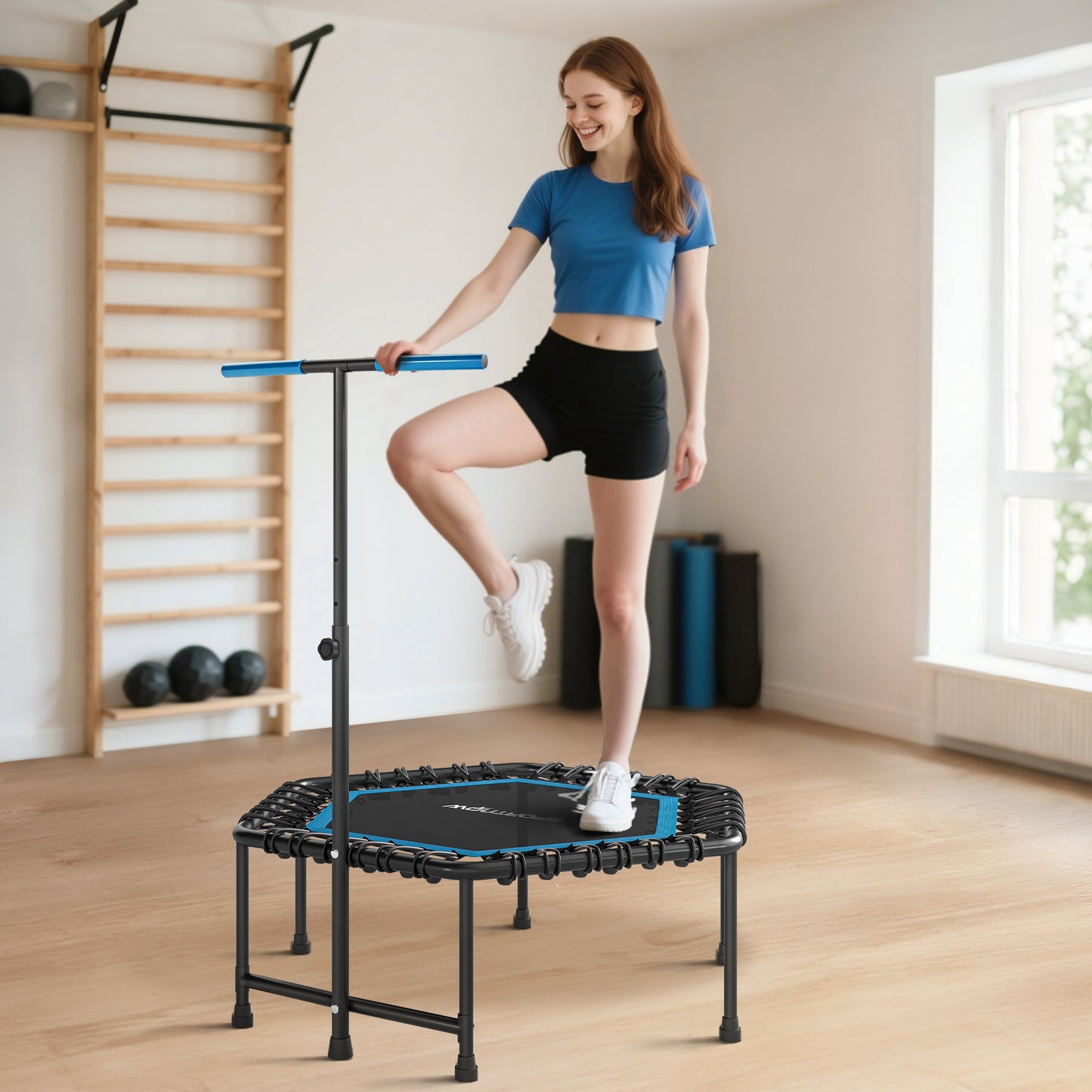 45" Rebounder Trampoline for Adults, Quiet Bungee Rebounder with LED Lights and Adjustable Handle, Blue
