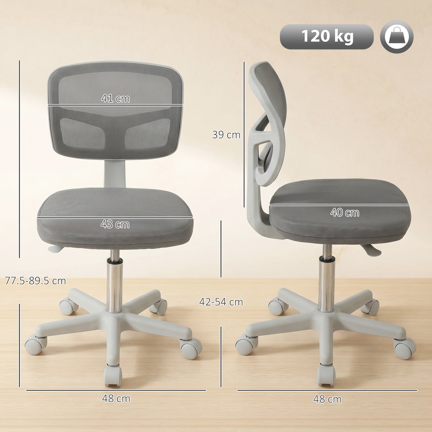 Small Office Chair without Arms, Ergonomic Swivel Mesh Desk Chair with Curved Back, Dark Grey