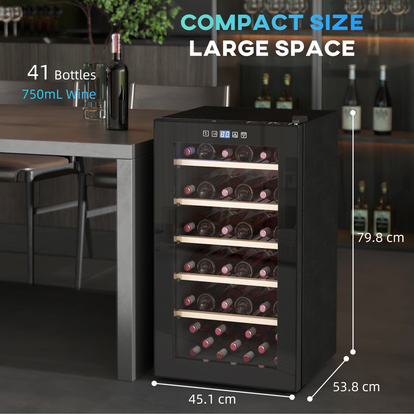 41 Bottle Wine Fridge, 91 Litre Capacity, 45cm Freestanding Wine Cooler Fridge with Glass Door, LED Light