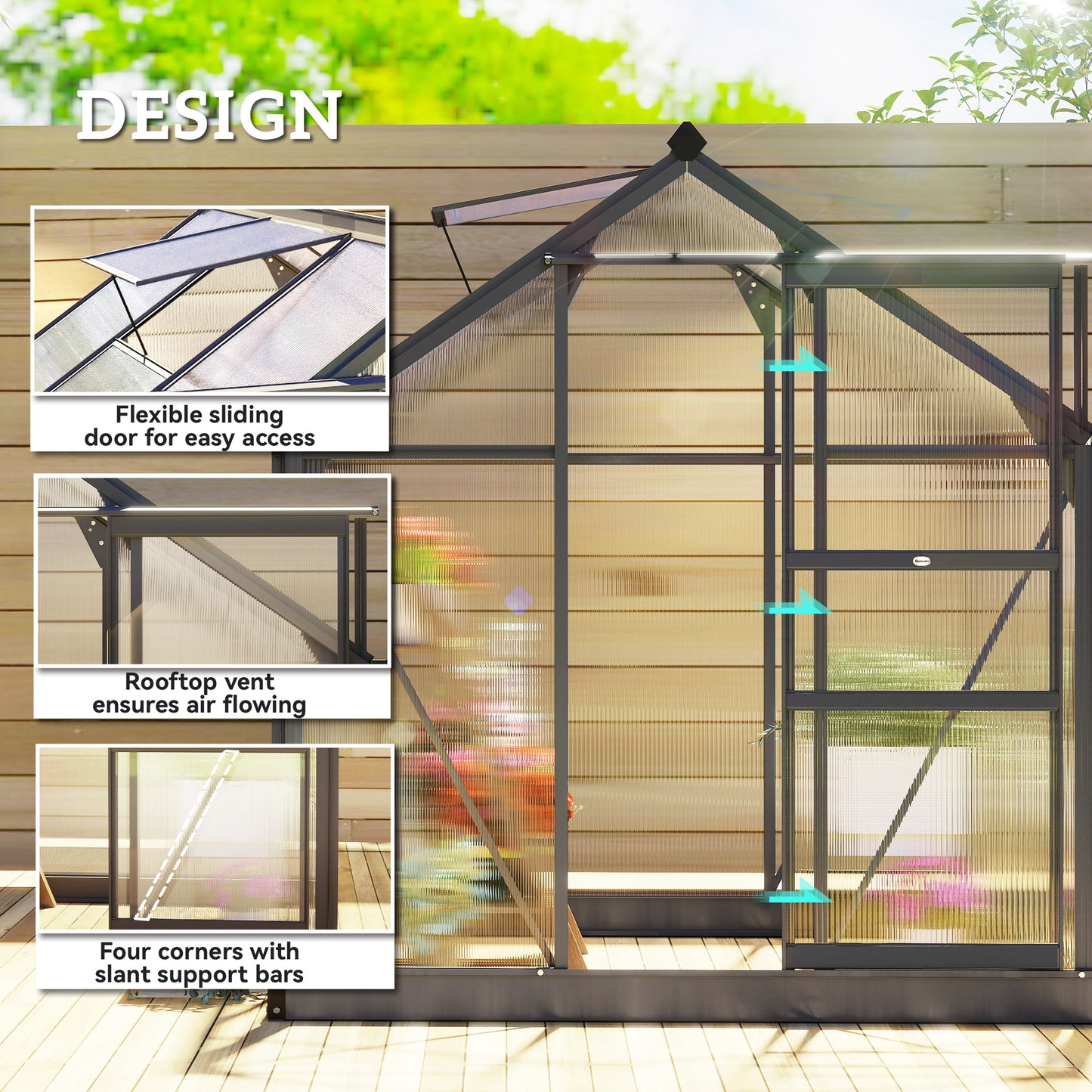 6 x 6ft Polycarbonate Greenhouse, Large Walk in Green House with Slide Door and Window