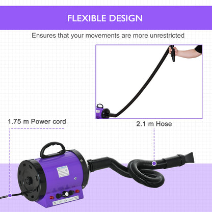 Dog Hair Dryer Pet Grooming Blaster Dryer Blower Adjustable Temperature Speed with 2.1M Flexible Hose 3 Nozzles - Purple