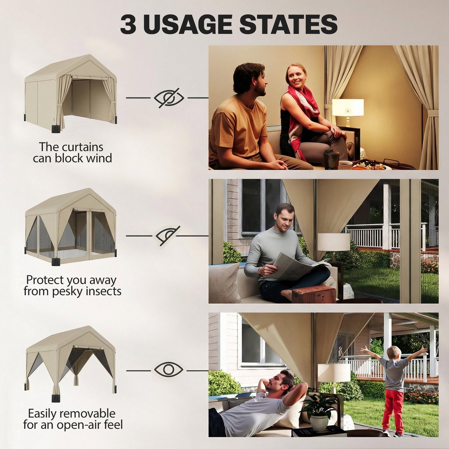 3 x 3 m Patio Gazebo with Netting & Curtains, Outdoor Canopy Shelter with Galvanised Steel Frame, Khaki