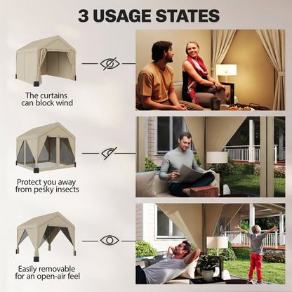 3 x 3 m Patio Gazebo with Netting & Curtains, Outdoor Canopy Shelter with Galvanised Steel Frame, Khaki
