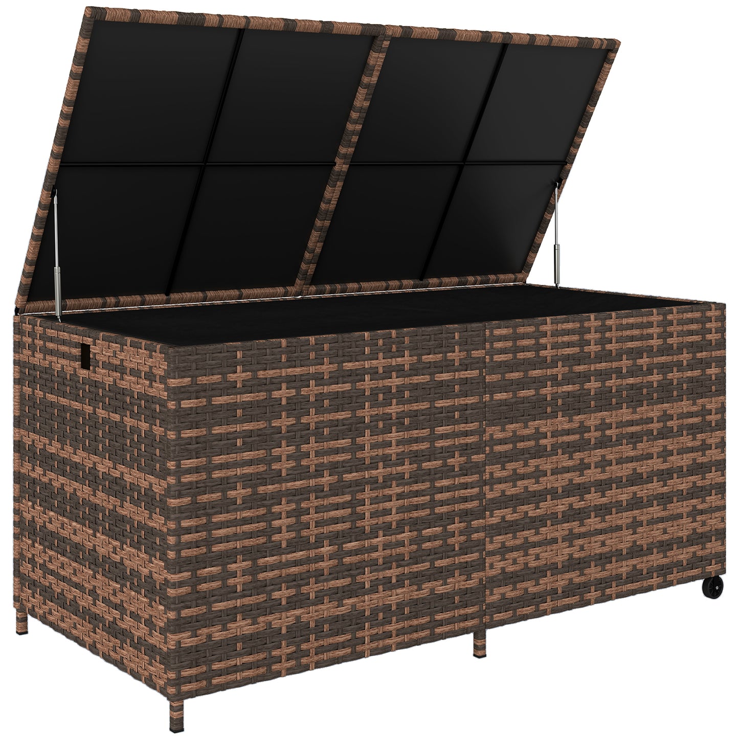 650L Garden Storage Box with 2 Wheels, Rattan Deck Box with Waterproof Zipped Liner, Safe Pneumatic Rods, Mixed Brown