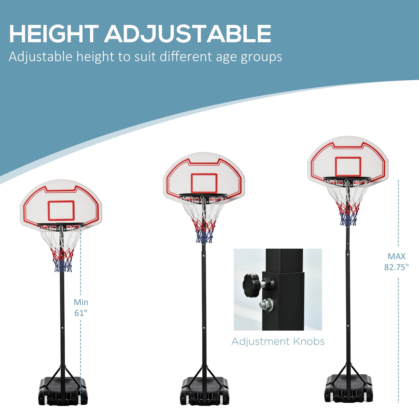 Basketball Hoop Outdoor, Portable Basketball Hoop and Stand with Weighted Base, Portable on Wheels, 1.55-2.1m, for Teens