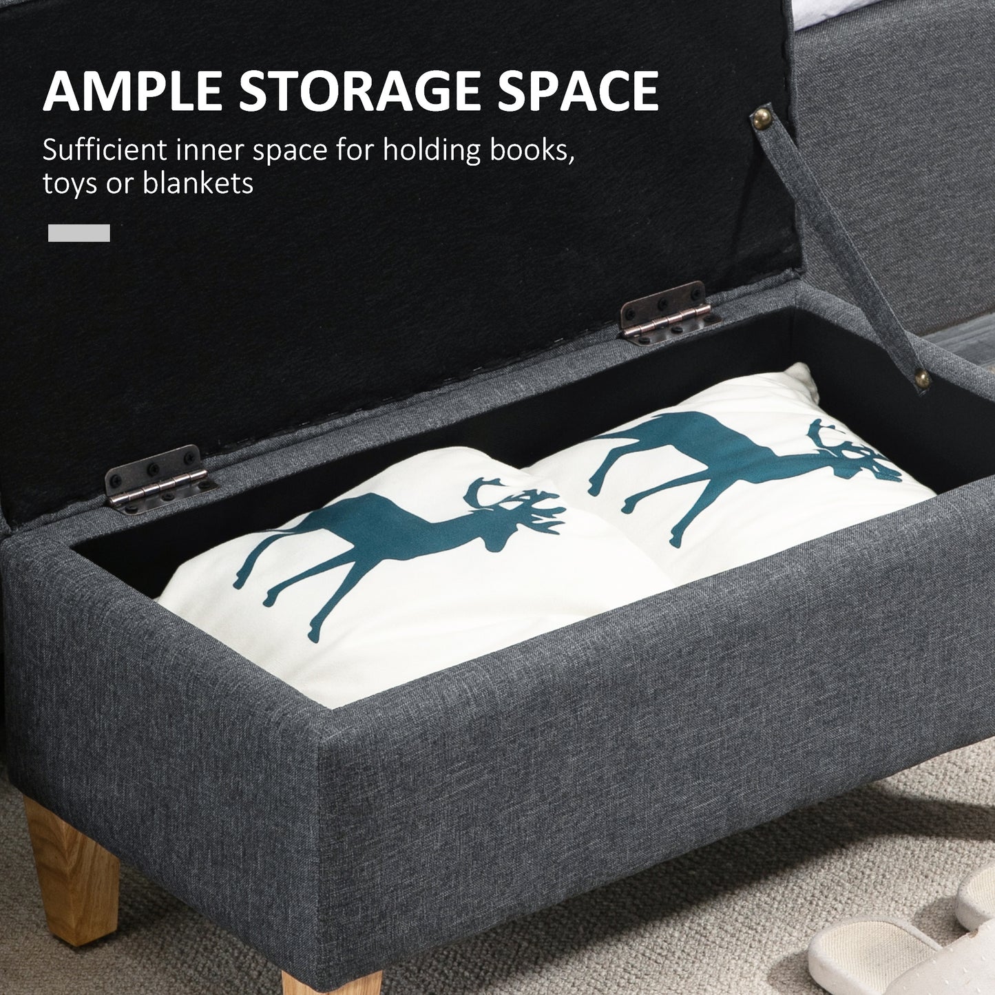 30L Linen Storage Ottoman Padded Footstool with Rubberwood Legs for Storage Box, Bed End, Shoe Bench, Seating, Dark Grey
