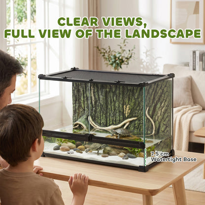 Reptile Glass Terrarium with Stone Background, Front Ventilation, Escape-Proof Knob Lock, 50 x 30 x 35 cm, Black
