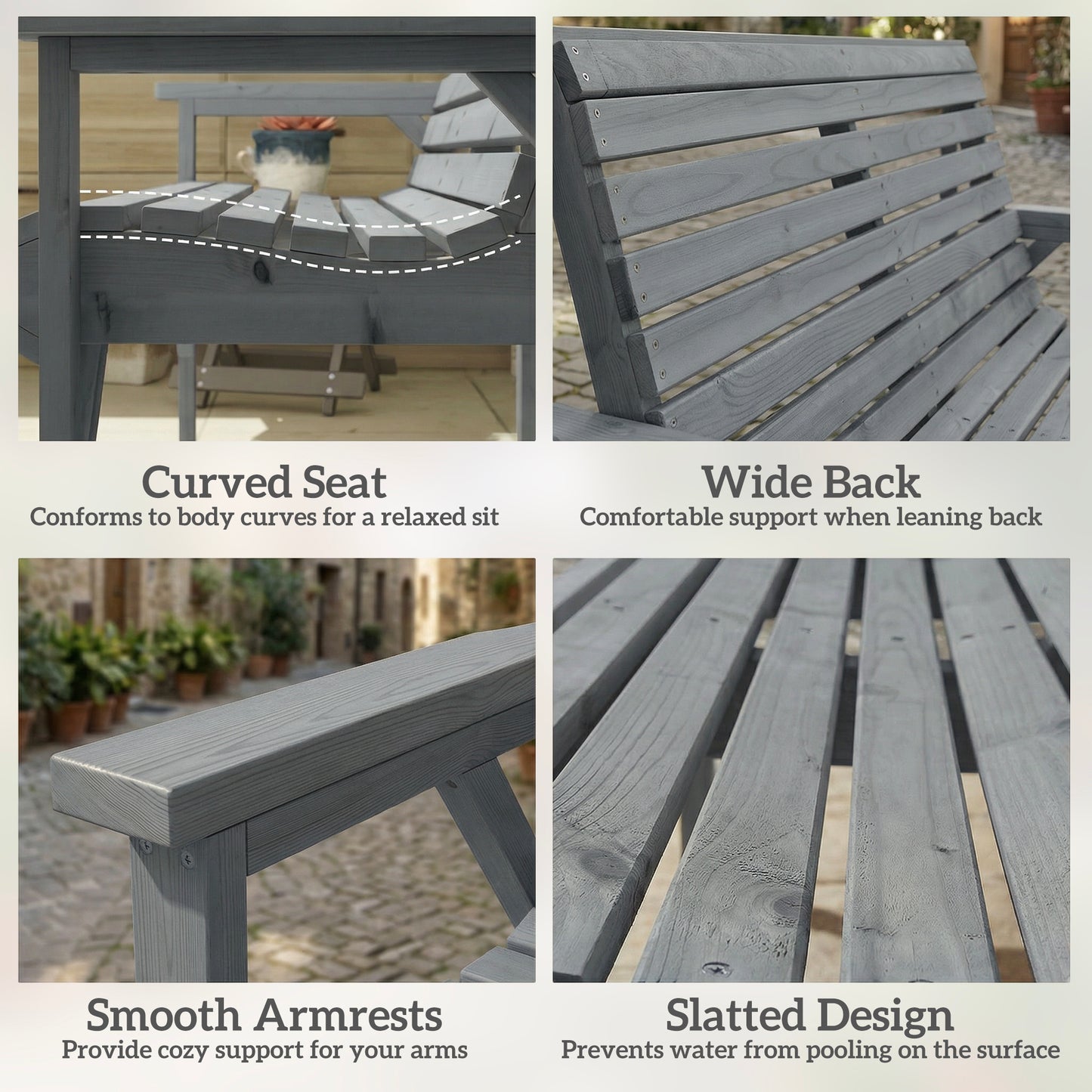 2 Seater Wooden Garden Bench, Slatted Patio Bench with Armrest and Backrest, Outdoor Furniture for Indoor, Balcony