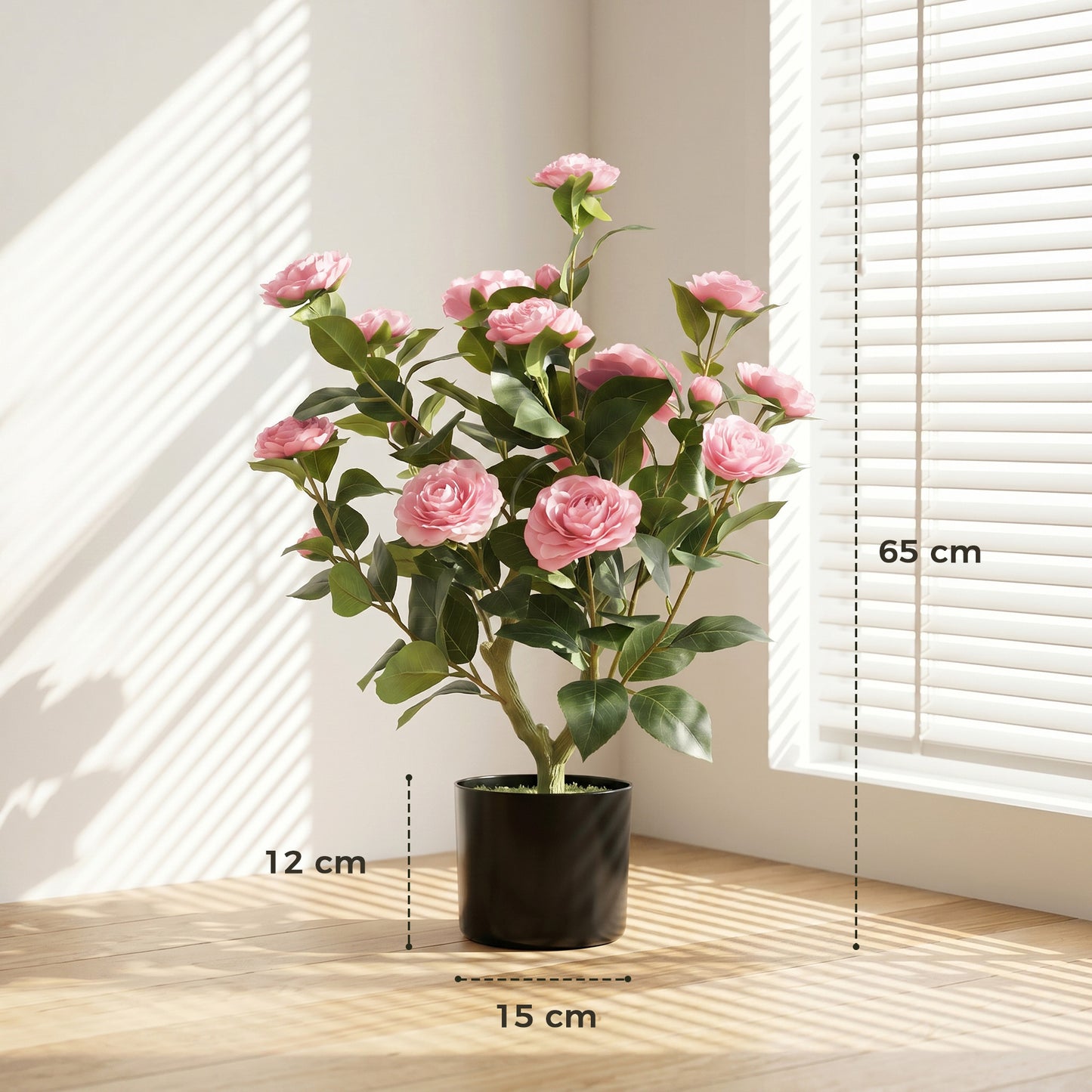 65cm Artificial Camellia Flower Plant in Pot with 116 Lush Leaves & Moss Effect, Pink