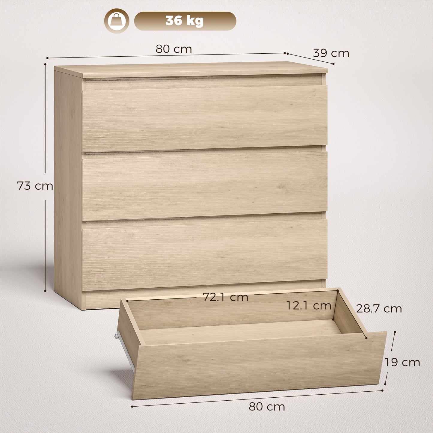 3-Drawer Storage Organiser Unit, Chest of Drawers for Bedroom, Living Room, 80 x 39 x 73cm, Oak