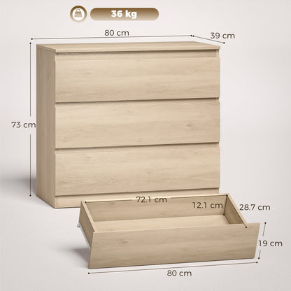 3-Drawer Storage Organiser Unit, Chest of Drawers for Bedroom, Living Room, 80 x 39 x 73cm, Oak