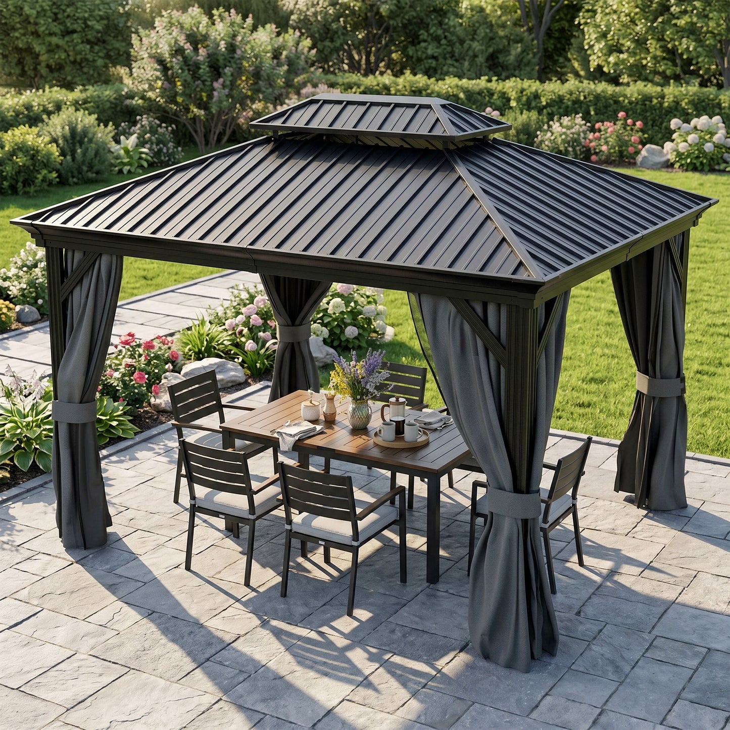 3.65 x 3m Aluminium Hardtop Gazebo, with Accessories - Dark Grey