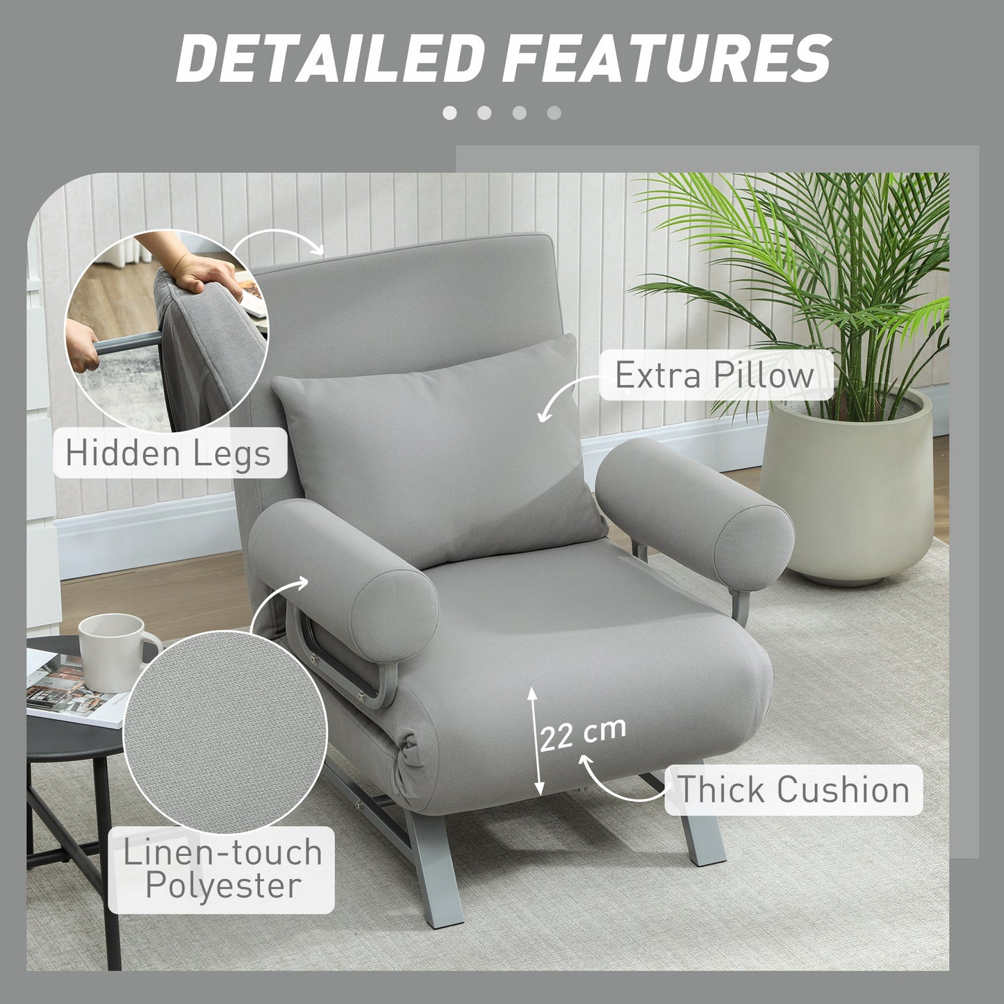 Single Sofa Bed, 3-in-1 Convertible Folding Chair Bed with Adjustable Backrest, Removable Armrests, Light Grey