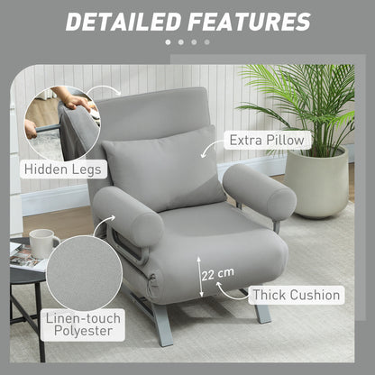 Single Sofa Bed, 3-in-1 Convertible Folding Chair Bed with Adjustable Backrest, Removable Armrests, Light Grey