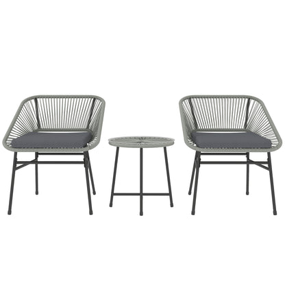 3 Pieces Rattan Bistro Set, Wicker Small Garden Table and Chairs Set with Cushions and Glass Top Coffee Table