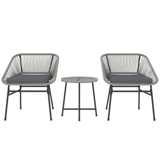 3 Pieces Rattan Bistro Set, Wicker Small Garden Table and Chairs Set with Cushions and Glass Top Coffee Table