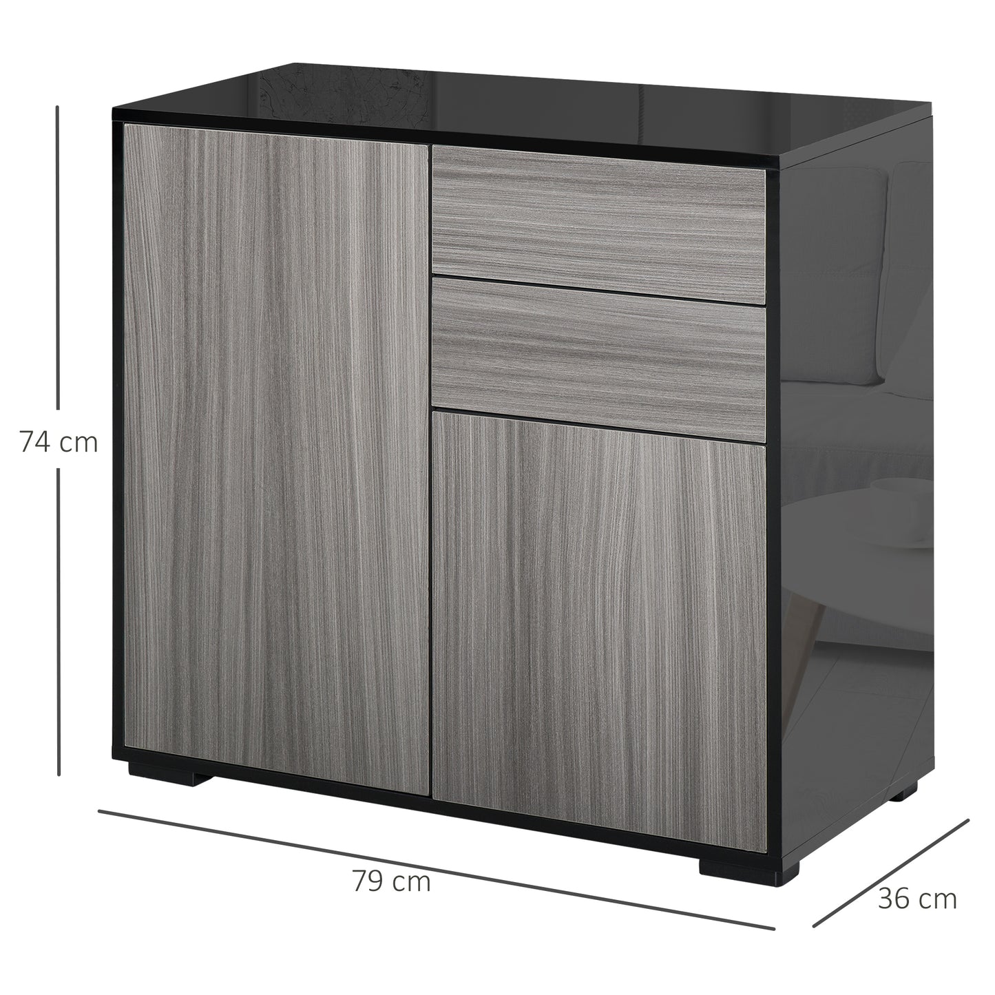 High Gloss Frame Sideboard, Push-Open Design with 2 Drawer for Living Room, Bedroom, 74H x 79W x 36Dcm, Light Grey and Black