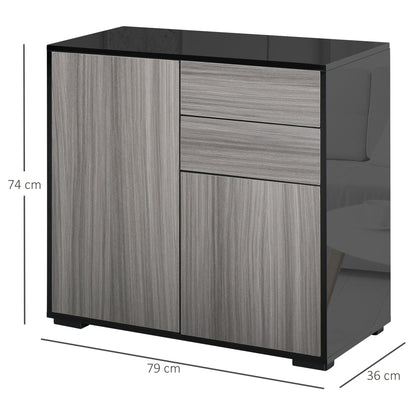High Gloss Frame Sideboard, Push-Open Design with 2 Drawer for Living Room, Bedroom, 74H x 79W x 36Dcm, Light Grey and Black