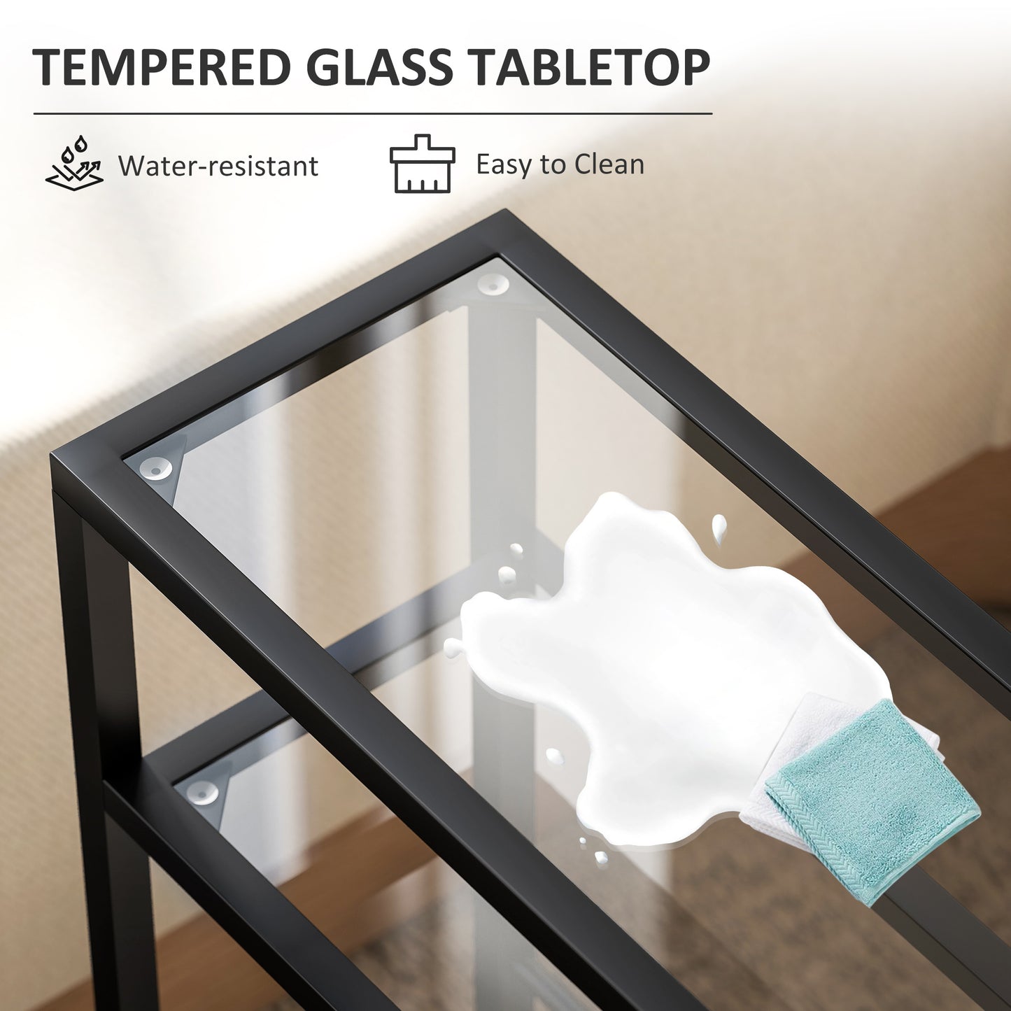 3-Tier Side Table, Narrow End Table with Storage Shelf and Tempered Glass Tabletop for Small Spaces, Black