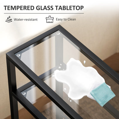 3-Tier Side Table, Narrow End Table with Storage Shelf and Tempered Glass Tabletop for Small Spaces, Black
