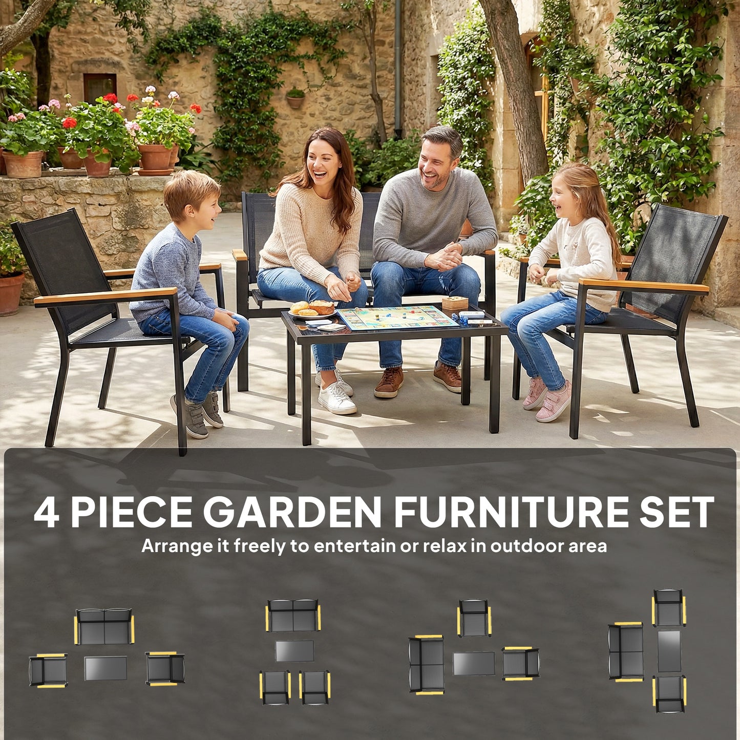 Outdoor Sofa 4 Seater Garden Sofa Set with Loveseat 2 Chairs and Coffee Table Black
