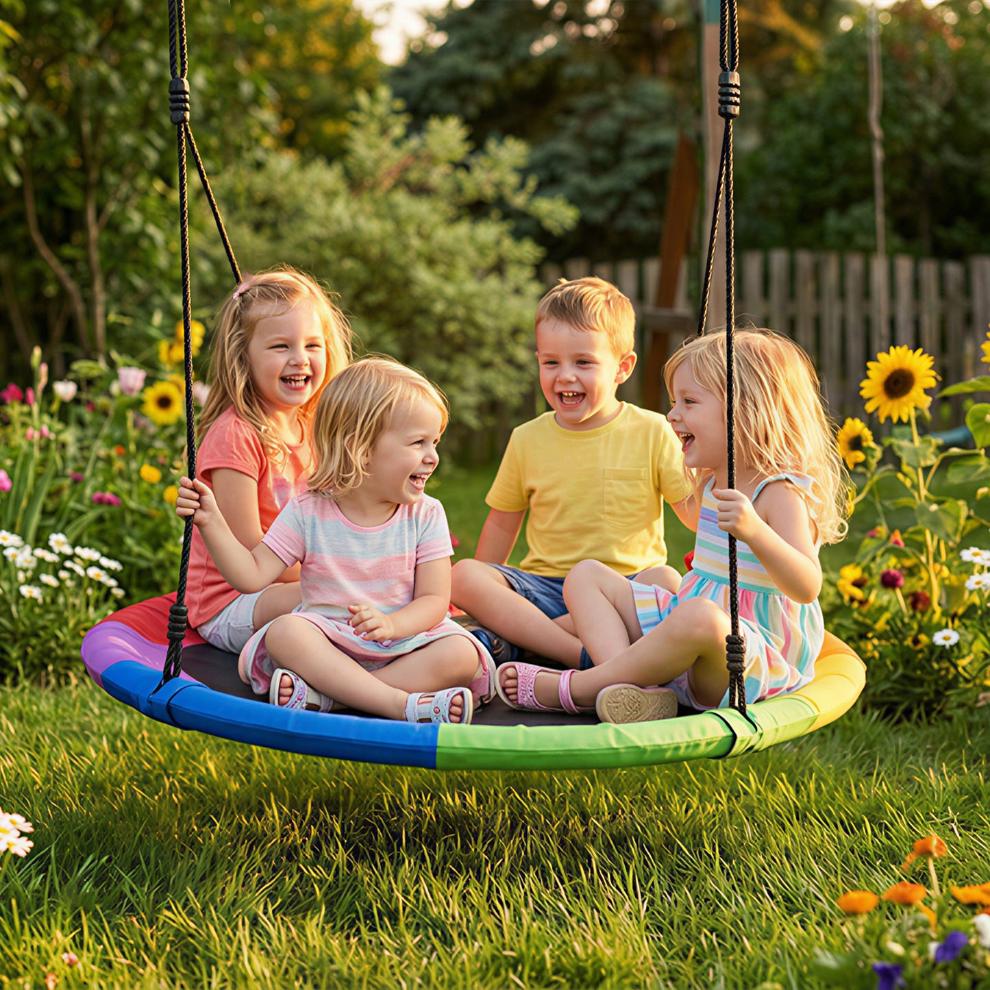 Tree Swing Seat, 120cm Kids Saucer Swing with Adjustable Ropes and Tree Straps, 300kg Capacity, Multicolour
