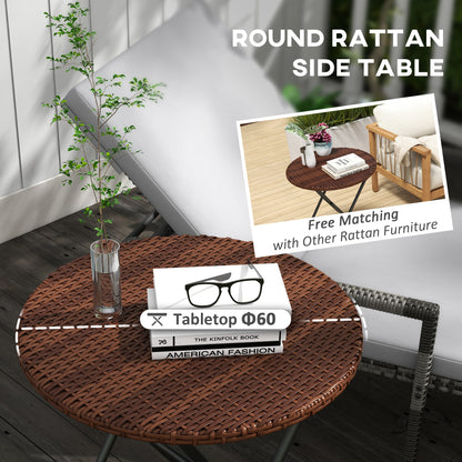 Foldable PE Rattan Outdoor Coffee Table, Metal Frame Wicker Round Side Table, Coffee Table Side Table for Lawn, Garden