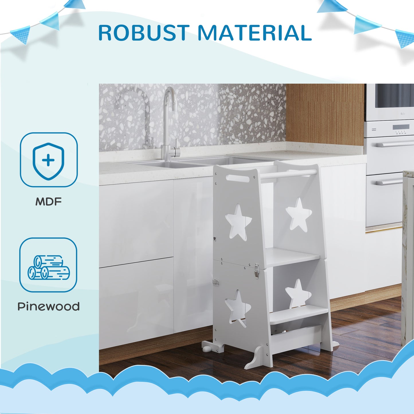 2-in-1 Toddler Step Stool with Safety Rail for Kitchen, Bathroom, White