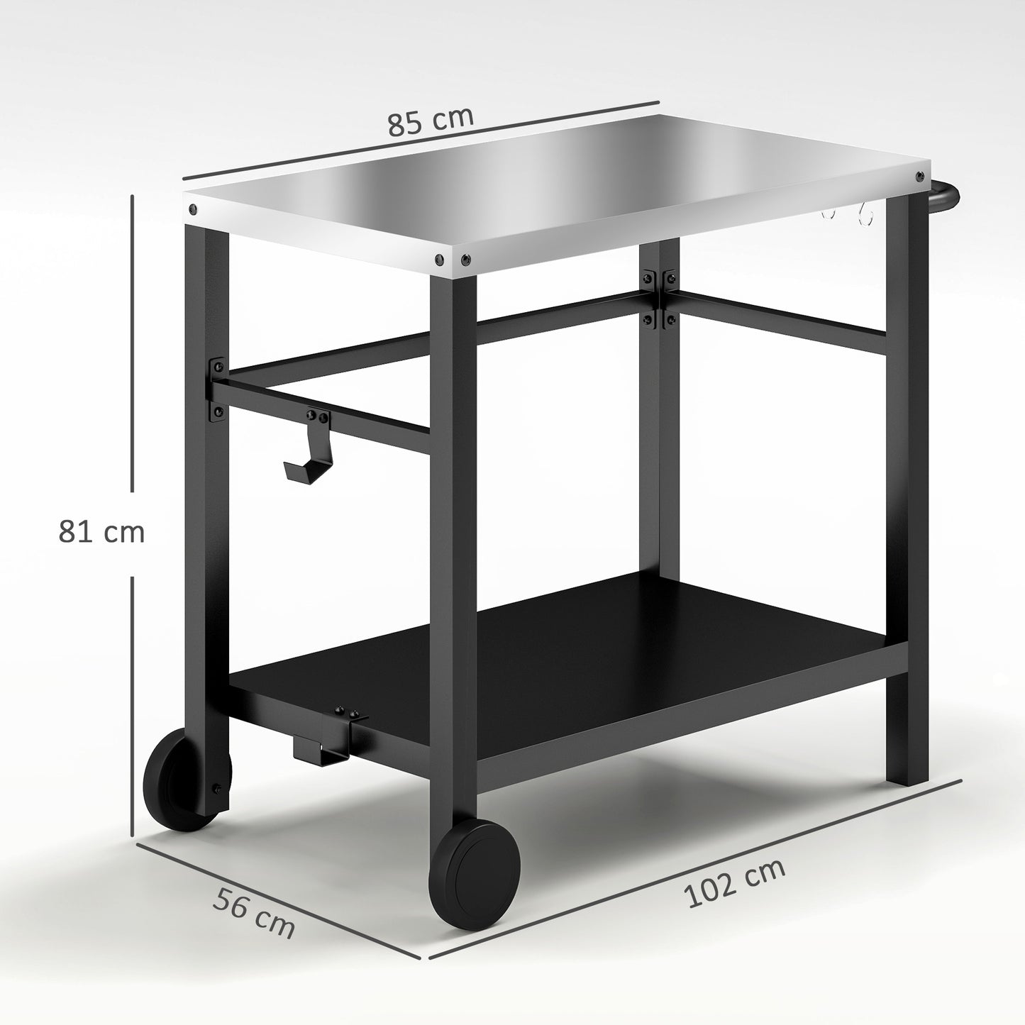 Outdoor Grill Dining Cart 2-Shelf Movable Pizza Oven Table Stand with Stainless Steel Top