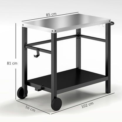 Outdoor Grill Dining Cart 2-Shelf Movable Pizza Oven Table Stand with Stainless Steel Top