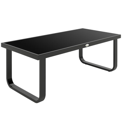 Outdoor Garden Coffee Table, Rectangle Metal Side Table with Tempered Glass Tabletop, Adjustable Foot Pads