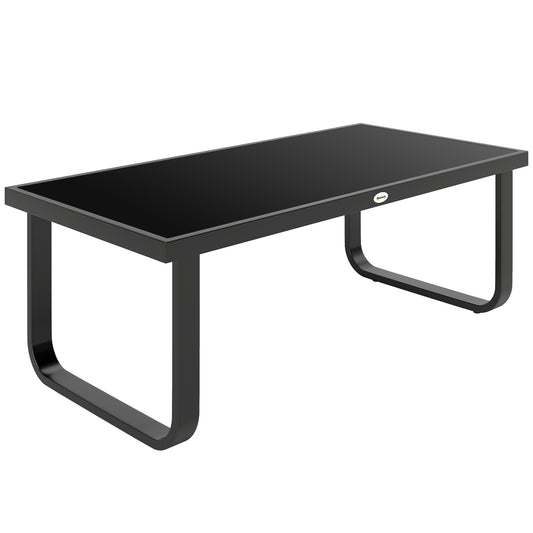 Outdoor Garden Coffee Table, Rectangle Metal Side Table with Tempered Glass Tabletop, Adjustable Foot Pads