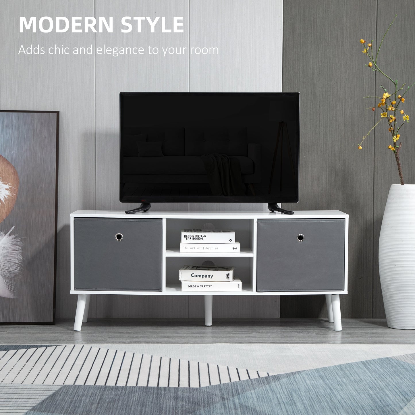 TV Cabinet Stand Unit for TVs up to 50'' with Foldable Drawers, Entertainment Centre for Living Room White