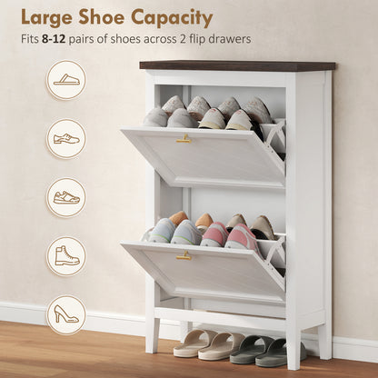 Shoe Cabinet with 2 Flip Drawers, Farmhouse Narrow Shoe Storage Cabinet with Adjustable Shelves, White