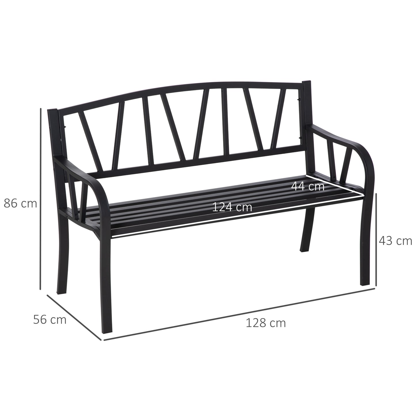 2-Seater Garden Bench Metal Loveseat w/ Decorative Backrest Ergonomic Armrest