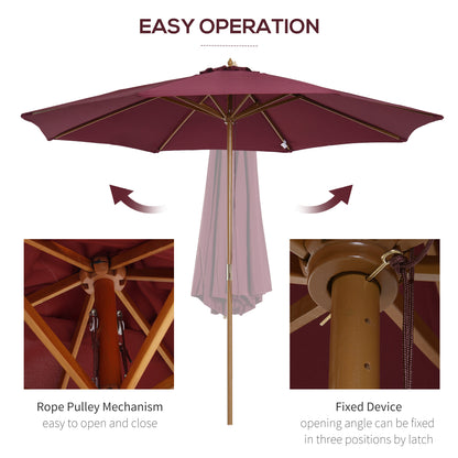 3(m) Garden Parasol, Pulley Operated Patio Umbrella, Wooden Table Market Umbrella with Rope Pulley Mechanism and 8 Ribs