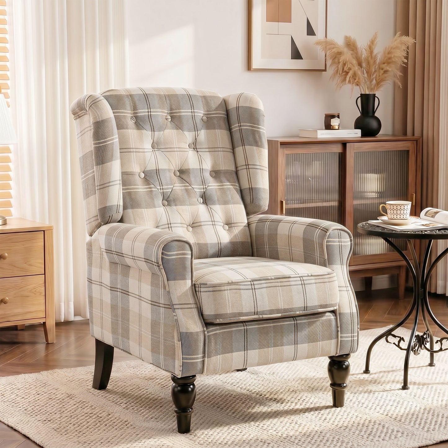 Wingback Accent Chair, Linen-Look Fabric Armchair with Thick Spring Cushion, High Back, Khaki Plaid