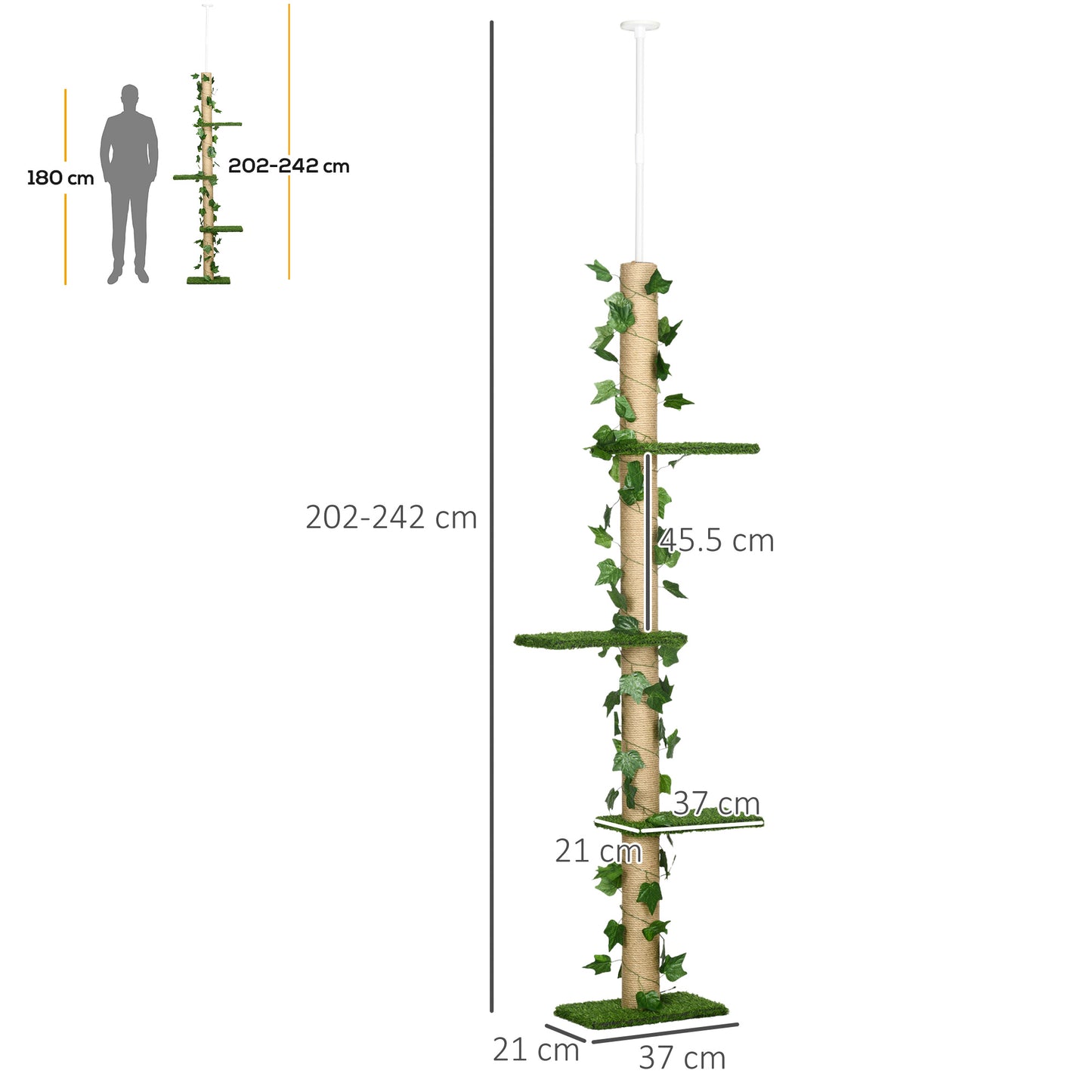 242cm Adjustable Floor-To-Ceiling Cat Tree, with Artificial Decoration, Perches, Anti-Slip Kit - Green